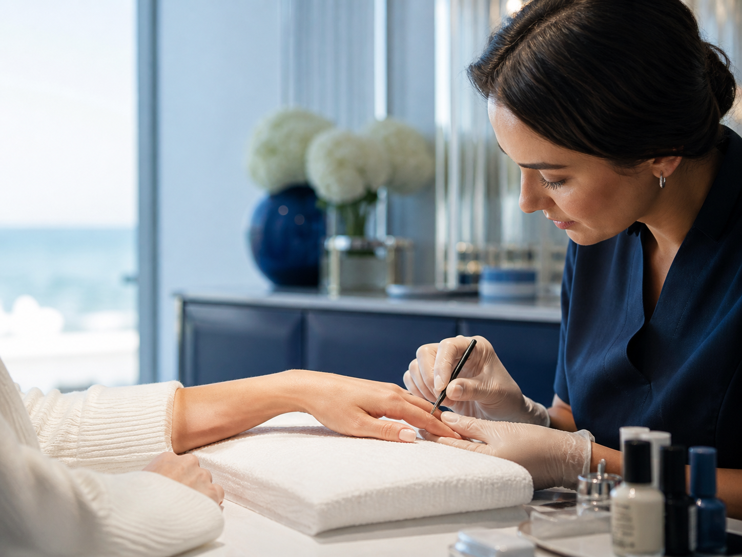 Nail artist completing a precise manicure