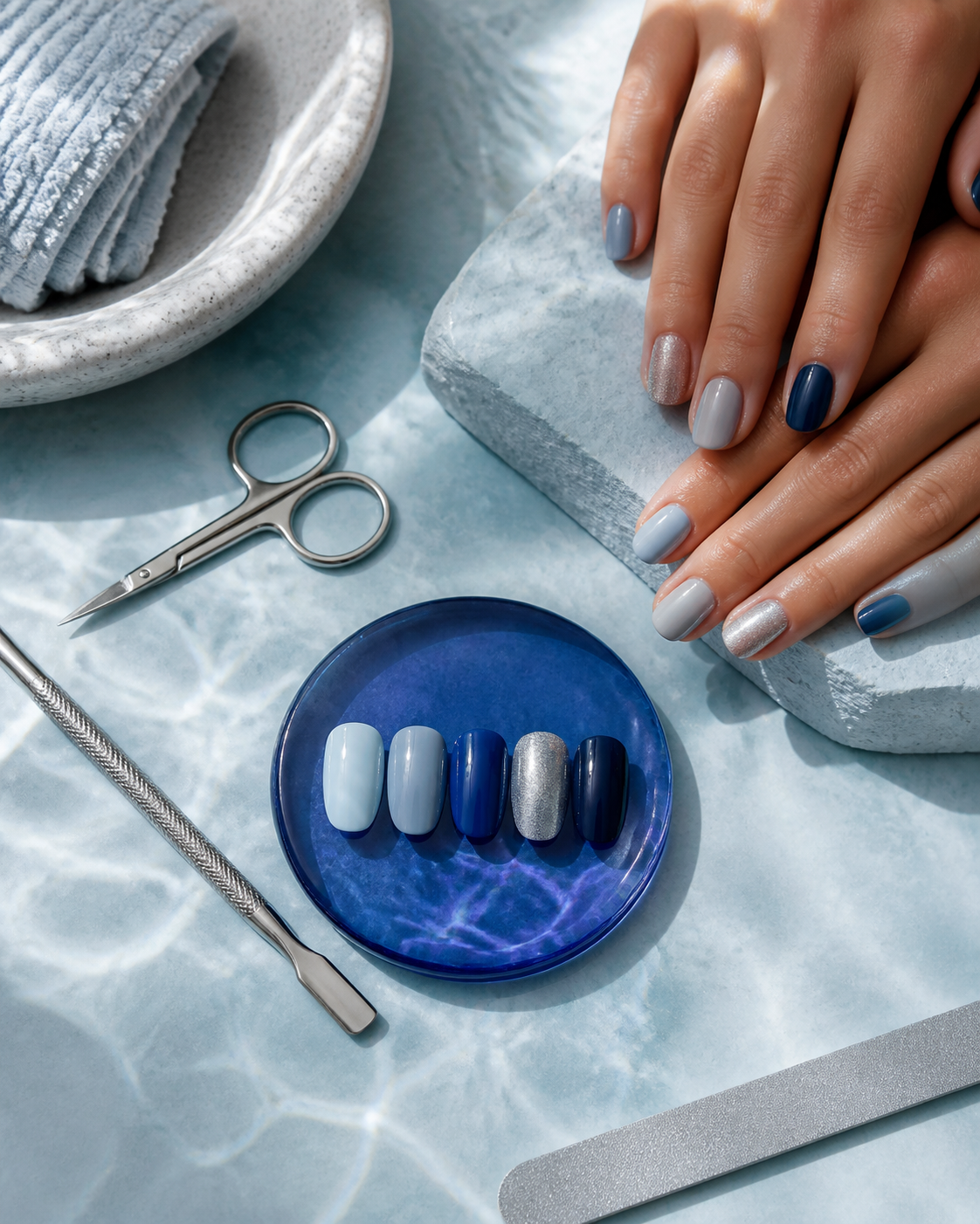 Blue manicure palette and professional nail-care tools