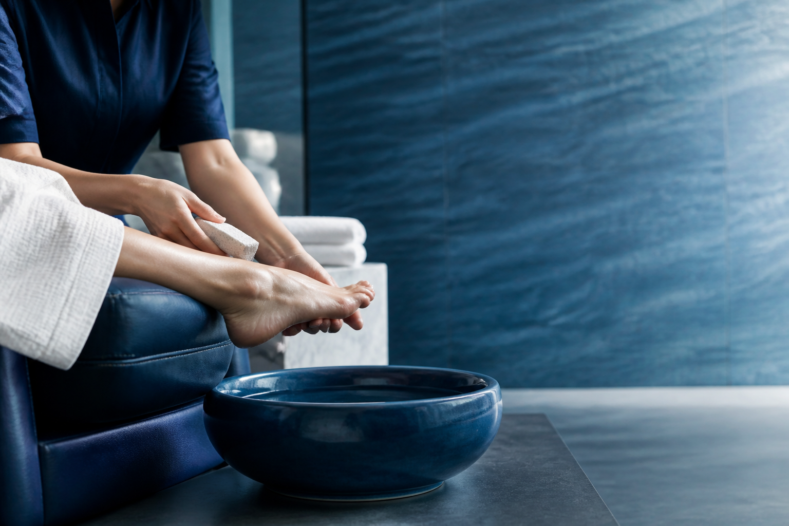 Professional foot-care treatment in a blue spa setting